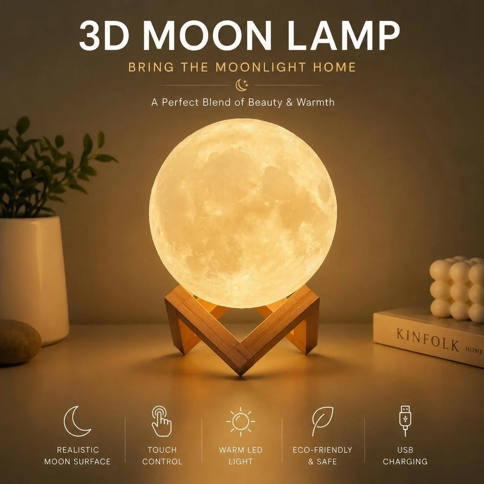 3D Moon Lamp with Wooden Stand, Warm LED Night Light for Room Decor