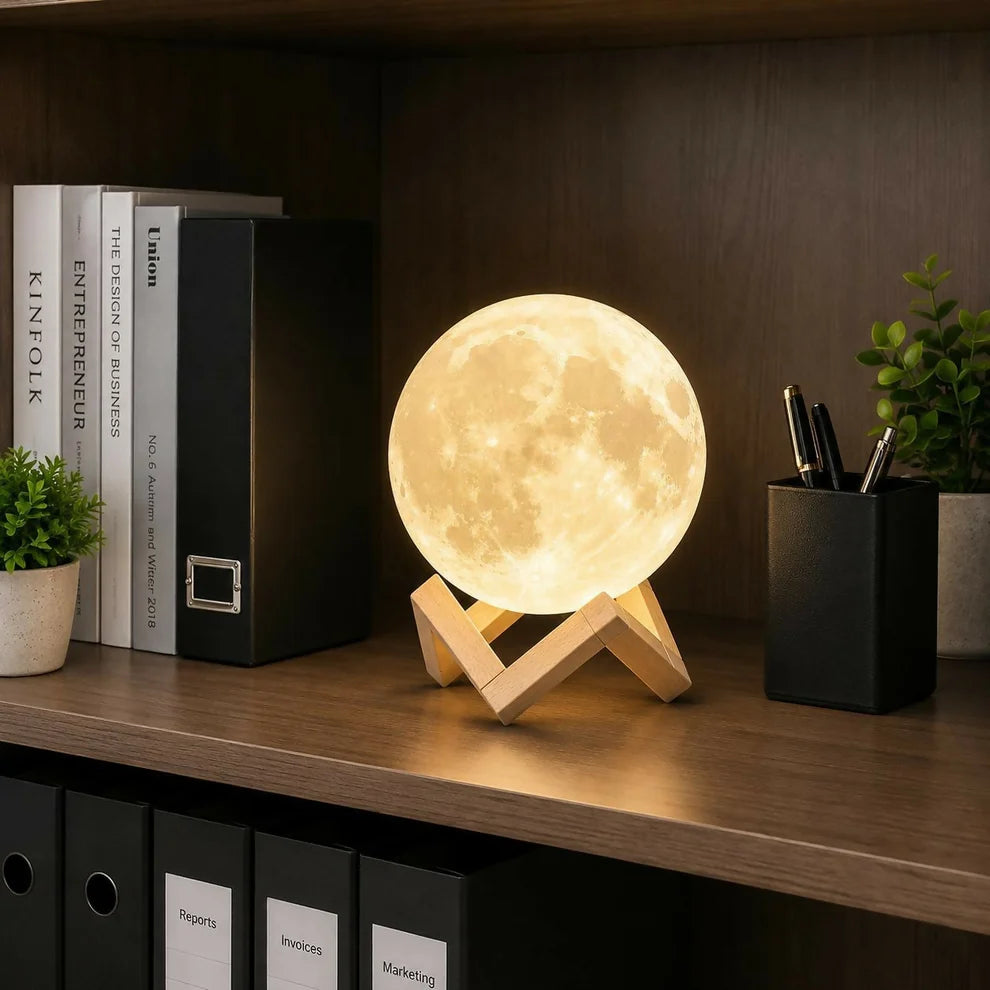 3D Moon Lamp with Wooden Stand, Warm LED Night Light for Room Decor