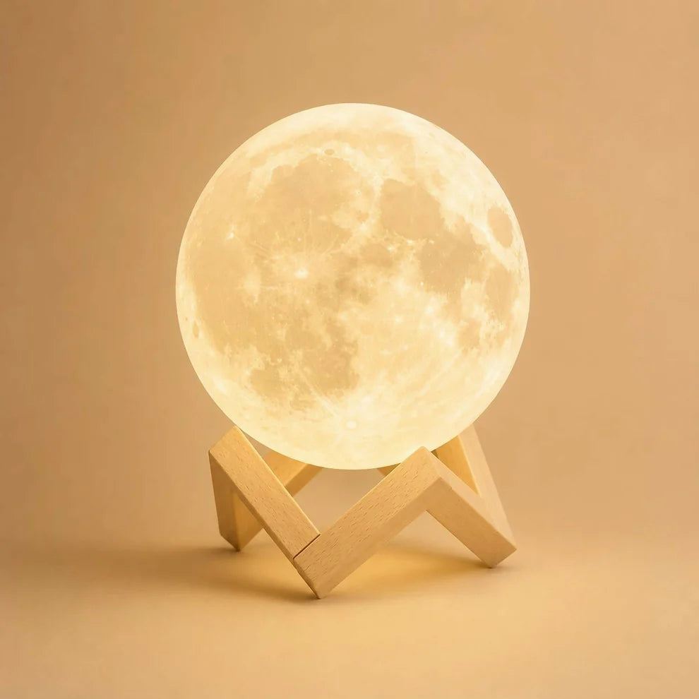 3D Moon Lamp with Wooden Stand, Warm LED Night Light for Room Decor